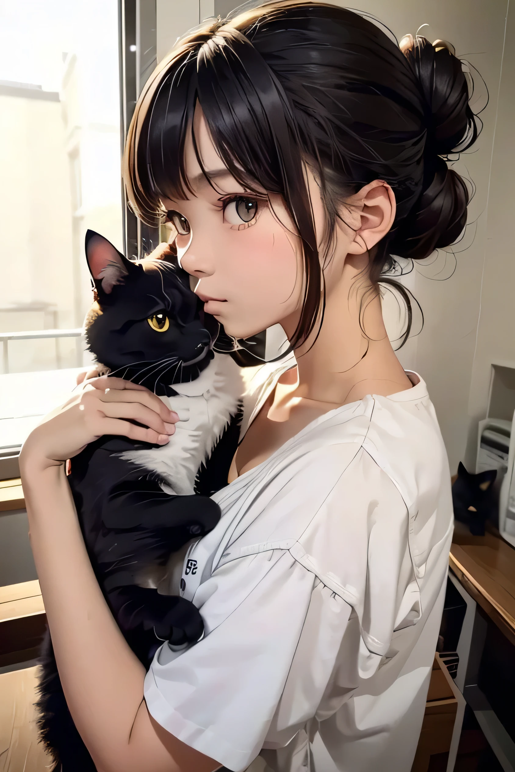 Highest quality、Black catを抱く***、Cute 14 year old girl、Bun hair with brown hair tied、Black cat、Natural look、Long Shot、Natural light