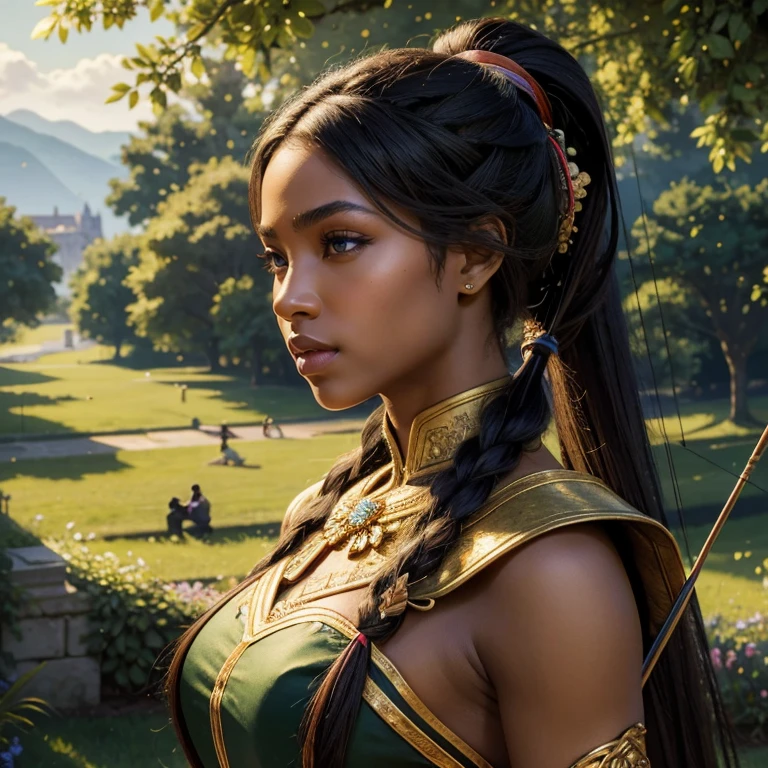 (​masterpiece, best quality:1.5), highest quality, High resolution, super detailed, Realists, Upper body photo of a black female archer, black skin, detailed and beautiful eyes, beautiful detailed lips, very detailed eyes and face, longeyelashes, Archer in battle dress, Elegant details in the fabric. Beautiful and colorful makeup, ponytail hairstyle, Gardens as background, bright daylight, bright colors, fine brushstrokes, Portrait style, beautiful color palette, glowing skin, First-class rendering, that captures every detail, enchanting atmosphere, (perfect anatomy:1.2), (The stunning archer holds a bow.  (magnificent panorama view:1.2)