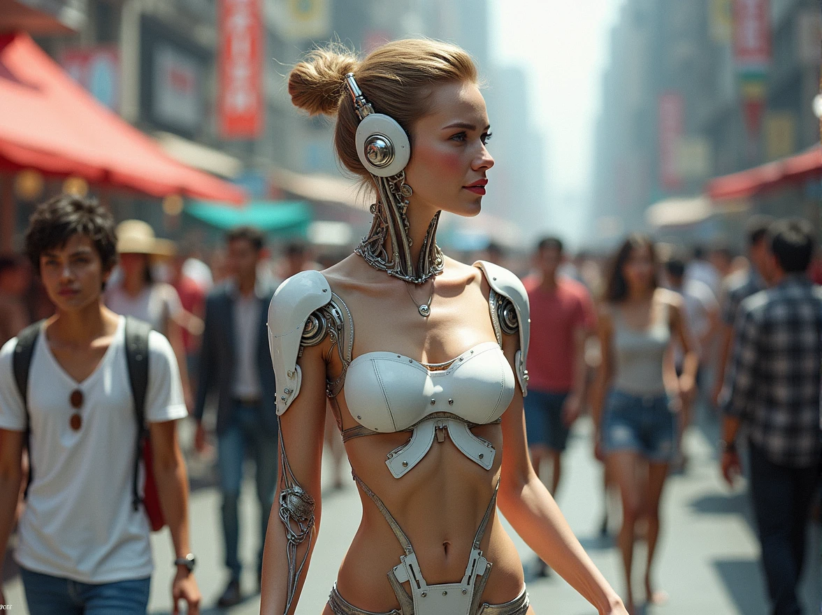 Woman's cyborg walking down the street in a crowd of people in the big city, defile show, high quality, best quality, absurdres, masterpiece, beautiful, intricate details, 1/2 body crop, slim body, beautiful figure, magnificent anatomy, (intricate details:1.12), HDR, (intricate details, hyper-detailing:1.15), (natural skin textures, hyper realisitc, soft light, Sharp:1.2)
