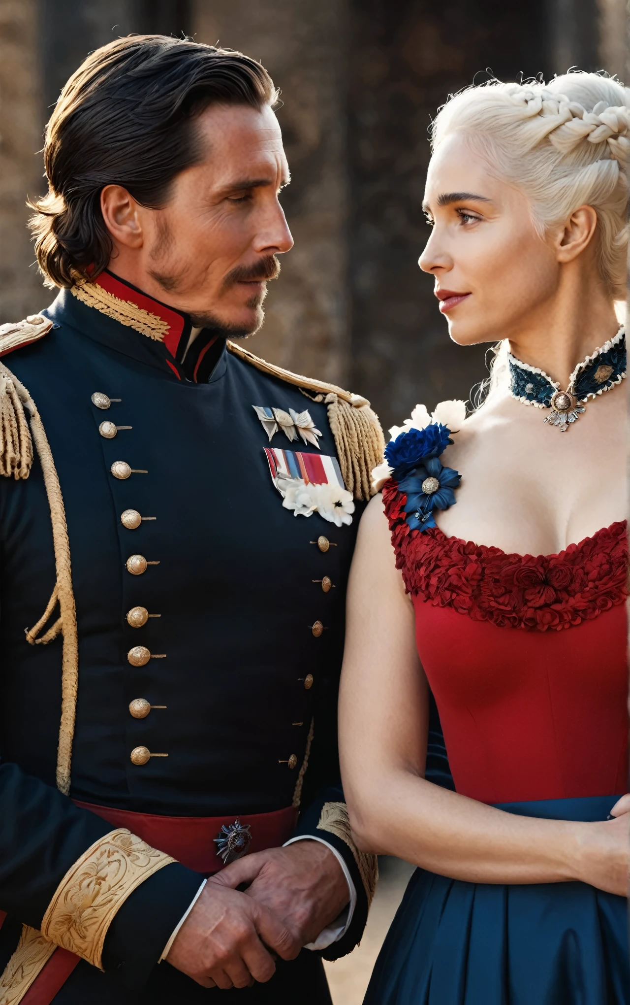 fantasy, red, black, blue and white tones, flowers, a man and a woman look at each other, a man looks like Christian Bale, in the royal uniform of the 19th century of the German Empire, a woman looks like Daenerys, short white hair, sleeveless turtleneck, expressive breasts, hd