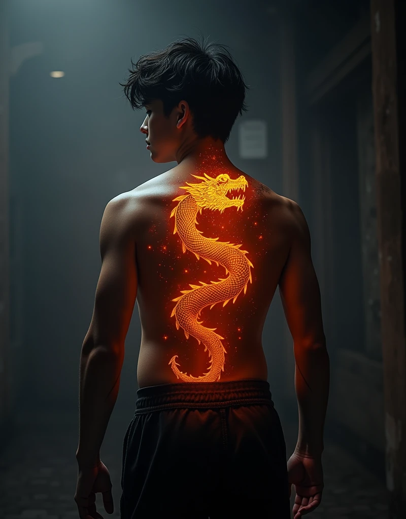 a lean male with black hair, glowing dragon tattoo on back, dramatic lighting, dark moody atmosphere, photorealistic, highly detailed, cinematic, fantasy, intricate details, dramatic pose, dynamic composition, chiaroscuro lighting, vivid colors, epic, breathtaking, masterpiece, 8k, best quality