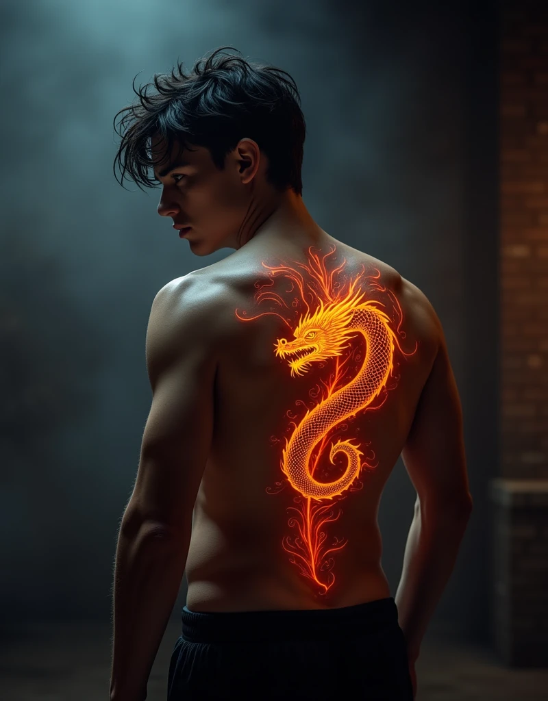 a lean male with black hair, glowing dragon tattoo on back, dramatic lighting, dark moody atmosphere, photorealistic, highly detailed, cinematic, fantasy, intricate details, dramatic pose, dynamic composition, chiaroscuro lighting, vivid colors, epic, breathtaking, masterpiece, 8k, best quality