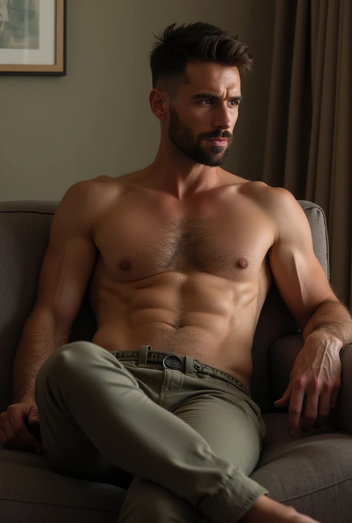 A muscular guy on a couch at home naked with his nice penis leaking  