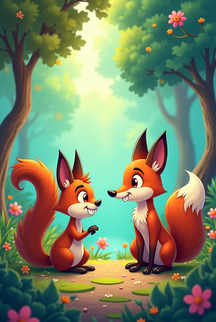 A squirrel and a fox talking about a cartoon
