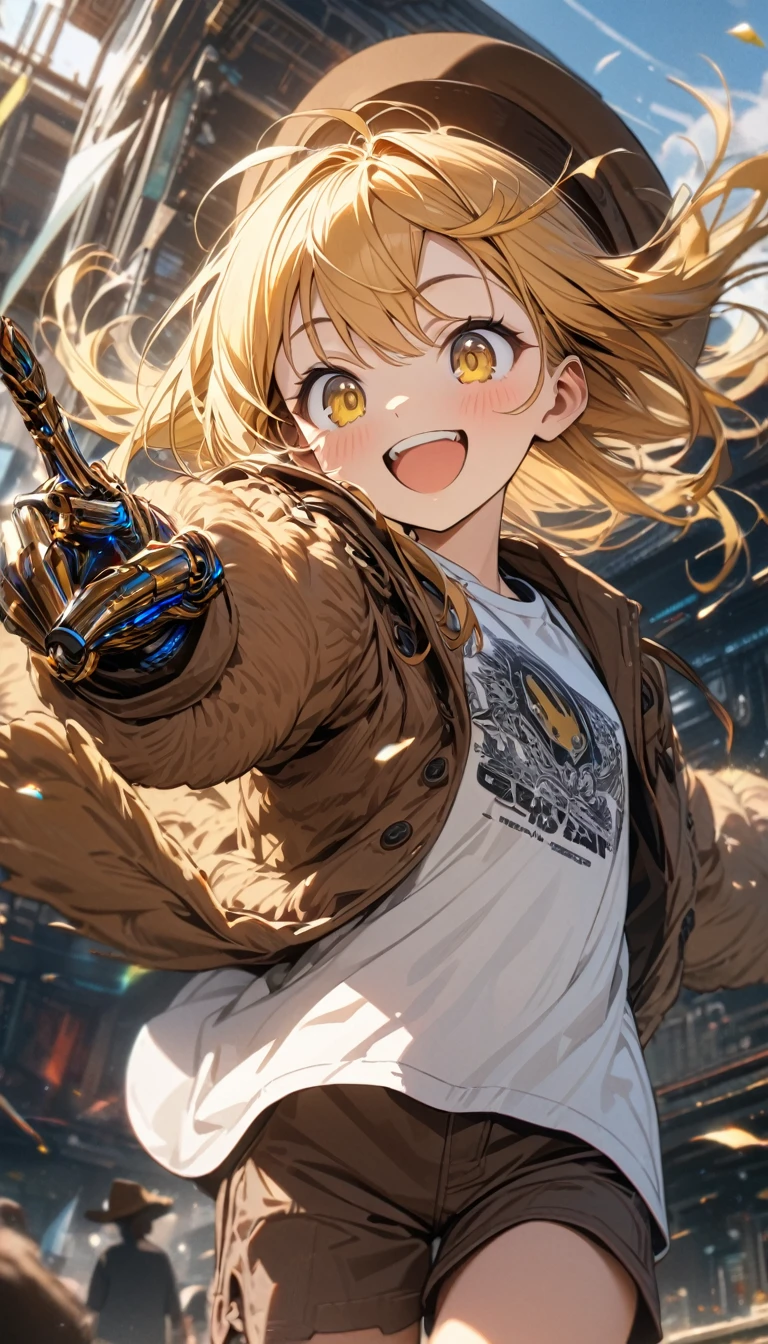 young girl, flat chest, long yellow hair, yellow eyes, brown fur coat, brown shorts, white T-shirt, brown hat with earflaps, smile, jump, cyber hand, Masterpiece, best quality, Full HD, 8k, ultra details, great graphic