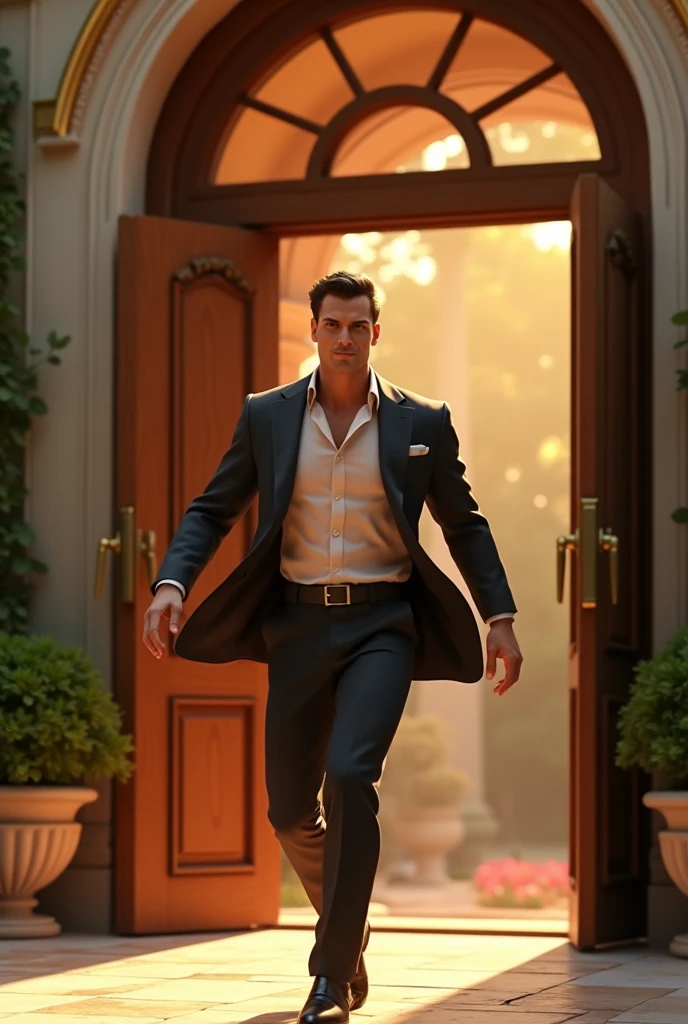 A handsome guy storming out of a fancy house , pixar  style, 3d , high-aesthetic, cinematic, masterpiece 