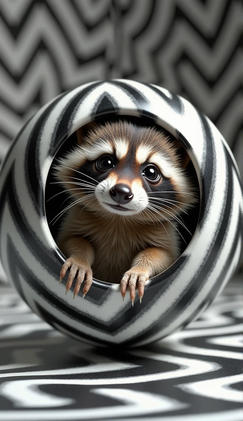 An exquisite conceptual photograph featuring a remarkably fluffy baby raccoon, encased within a mesmerizing spherical object adorned with a captivating zig-zag pattern of alternating black and white colors. The optical illusion creates the impression of the sphere defying gravity, floating gracefully above the background. The background, also exhibiting a striking zig-zag pattern in black and white, adds depth and contrast to the artwork. This visually striking composition masterfully combines elements of photography, 3D rendering, and optical art, resulting in a breathtaking and imaginative scene., 3d render, conceptual art, photo