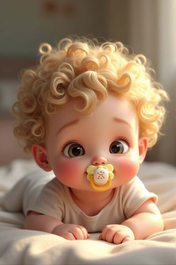 a boy with a pacifier, curly and blonde hair.