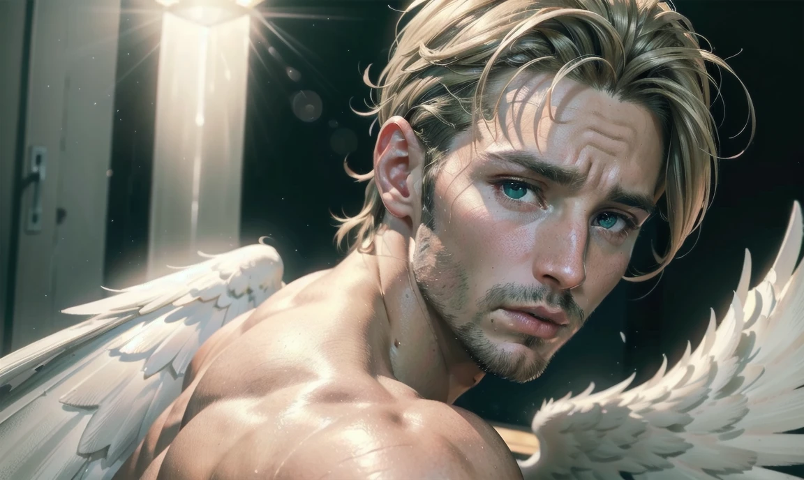 [((highly detailed, detailed eyes, detailed face, clear and realistic facial features, photorealistic, realistic light, cinematic, chest-up shot)), (1 man), Gorgeous and sexy and powerful masculine male angel, (((large wings))), ((faint halo)), ((short blond hair, green eyes)), ((35 years old)), ((wearing flattering angelic clothes)), (((aura of divine power))), standing in a cozy apartment at nighttime, ((light blush)), (((wearing an indignant expression)))]