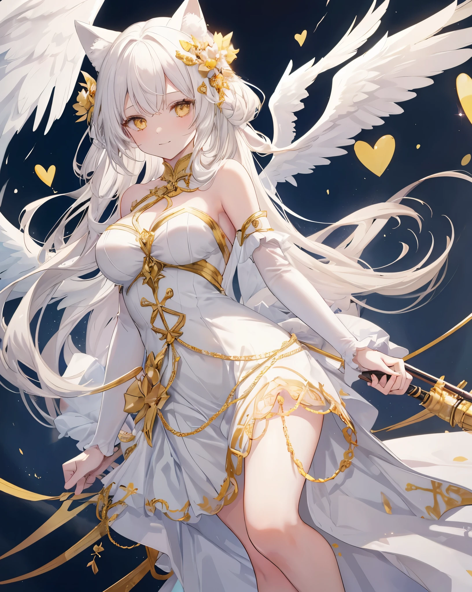  1catgirl, cat ears, (white long hair)) , oversaturated yellow eyes, intricate cool dress. Bare shoulders, white god dress with gold skirt. Portrait. Medium breast. Super detailed. Perfect anime yellow eyes, bare shoulders, white angel Wings. 
 Natural pose.  She's smiling , she's Smart . White fox tail. She's cupid, she's on top of a skyscraper with a bow to Hitting the lovers with a bow (gold bow), (arrow) .she is surrounded by gold hearts. She is surrounded by red hearts. She's flying (midair shot), (flying), As in Greek paintings. 