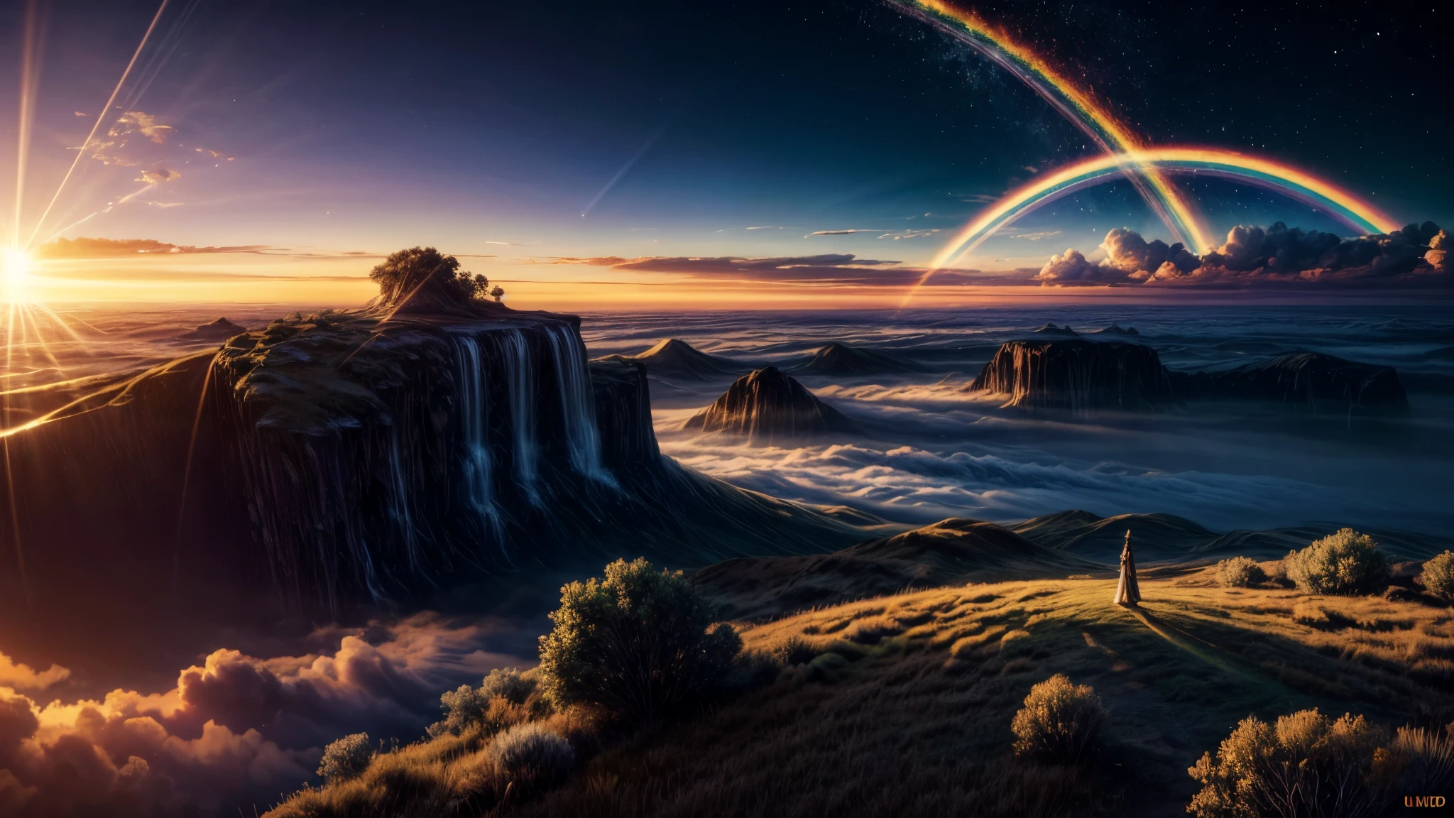 a spiritual virtual reality landscape, the sun and the moon in the sky, golden light shining through clouds, blue light radiating from the horizon, a rainbow arcing across the scene, highly detailed, photorealistic, 32k UHD masterpiece, stunning colors, cinematic lighting, ethereal atmosphere, dreamlike ambiance, immersive, captivating, awe-inspiring, golden