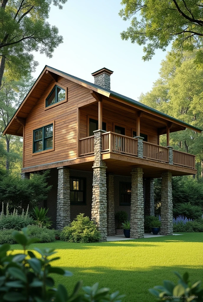 Masonry and wood house, with beautiful vegetation around, and a lawn in front, house suspended half a meter off the ground supported by columns