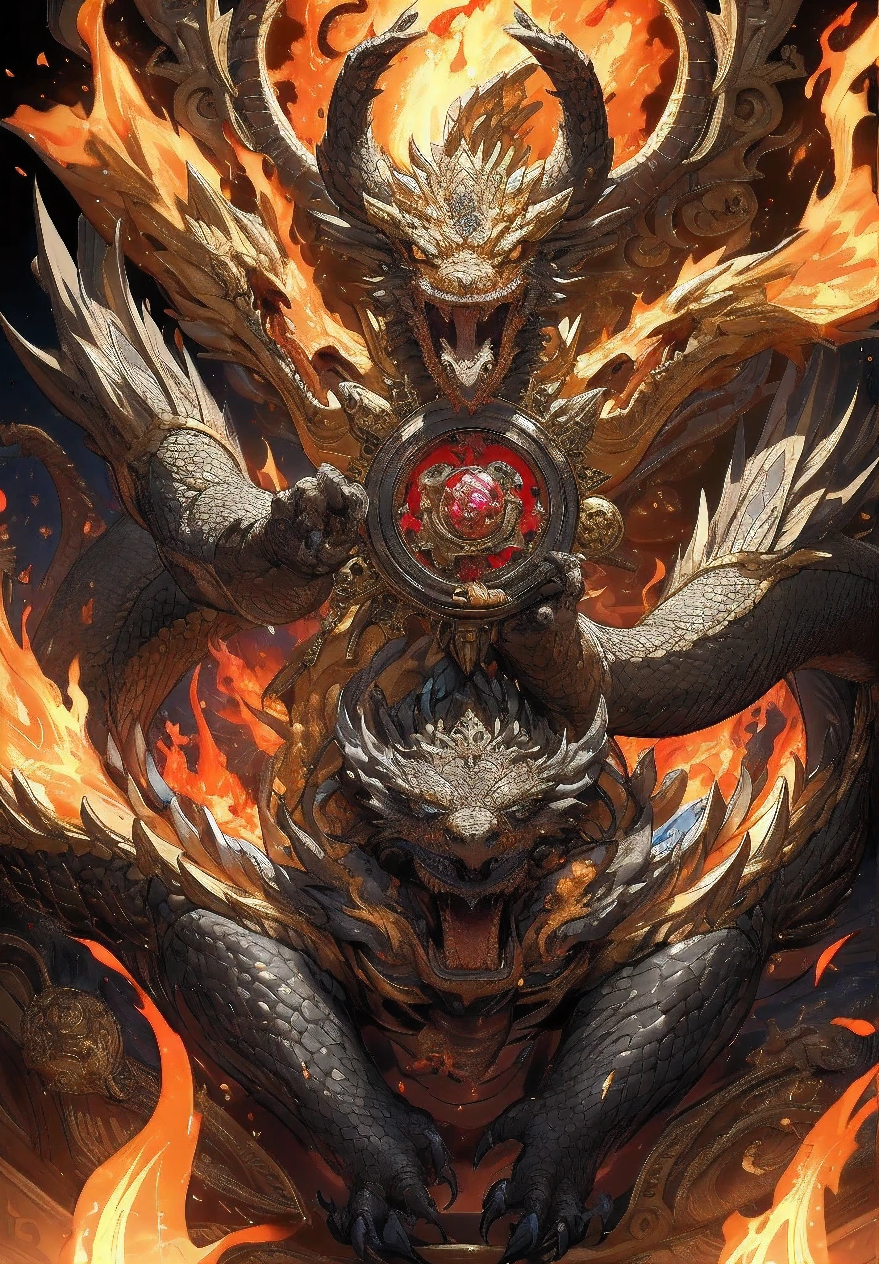 masterpiece, best quality, realism, a perfect shot of a jewel made of obsidian and rubies, (medallion), a captivating blend of intricate design and timeless elegance, at the center of the medallion there is a symbolic golden dragon, it's crafted to evoke power and inner fire, big ruby wrapped by the dragon, detailed background, fire and flames in the background, the medallion is symmetrical