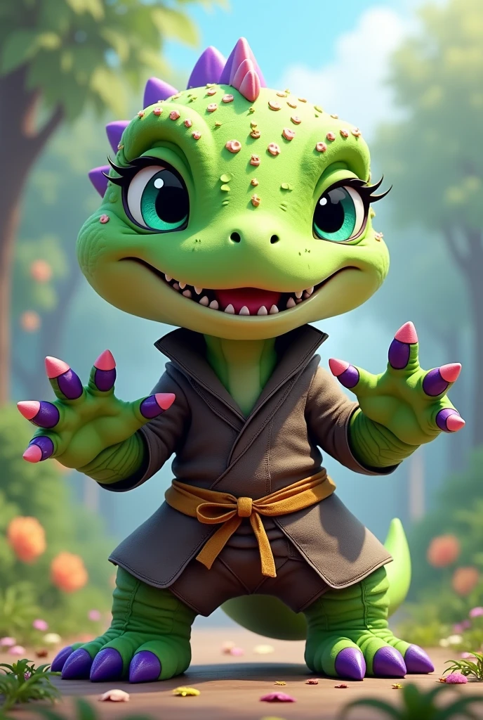Naughty smiling FEMALE dinosaur wearing cute kawaii NINJA outfit in apple green with crests , purple claws and spots with blue-green eyes WITH BIG paws like yoshii and nice environment background