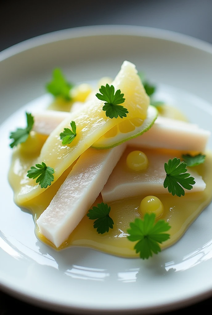deconstruction of ceviche with blonde sea bass, lime spherifications, Tiger&#39;s milk and cilantro 
