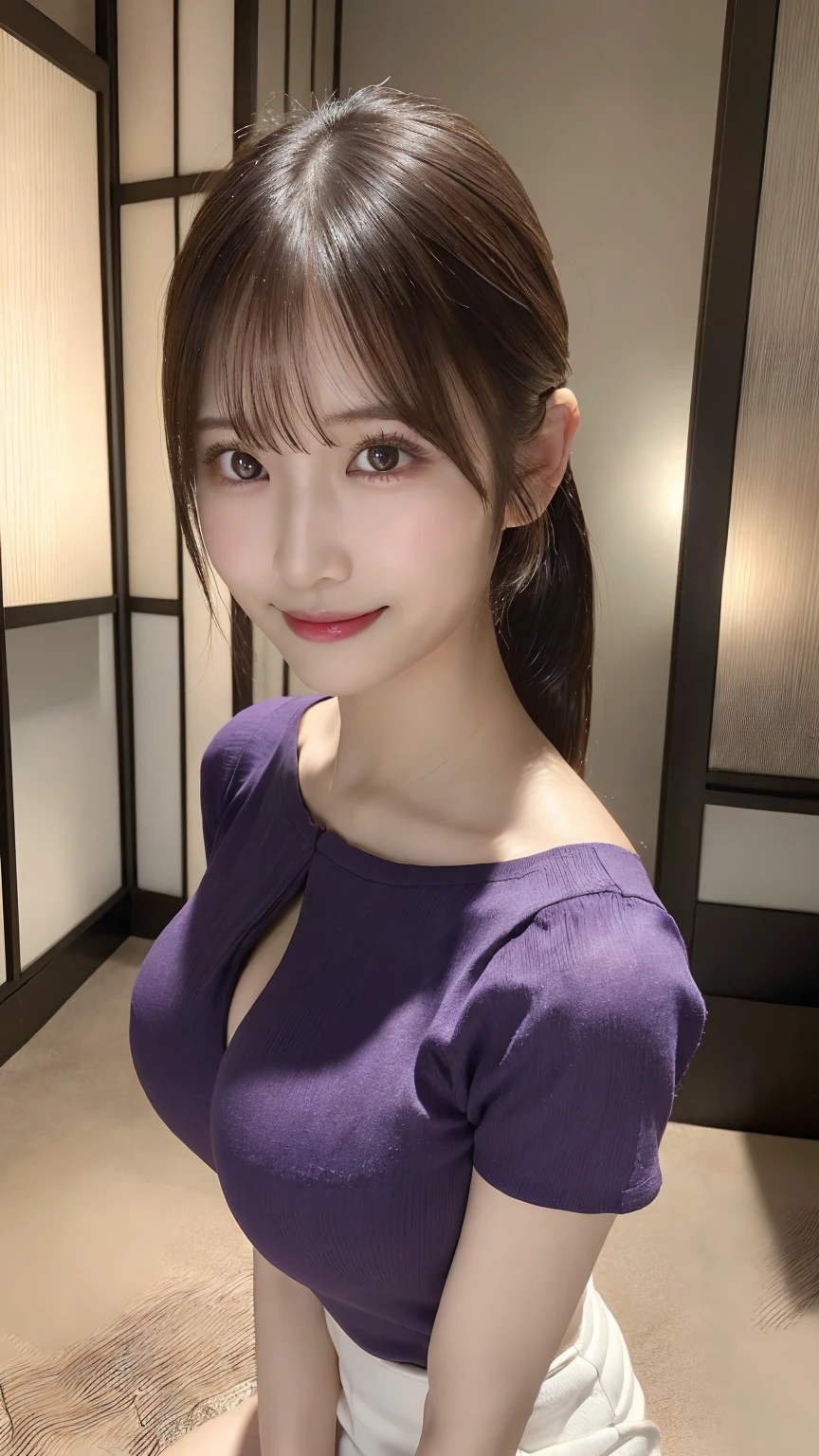 Ultra-realistic), (An illustration), (High resolution), (8k), (Very detailed), (最高のAn illustration),(Raw photo, Best Quality), (Realism, Photorealistic:1.4), Mastepiece, Very delicate and beautiful, Extremely detailed, 2k wallpaper, amazing, Fine details, Very detailedなCGユニティ8kの壁紙, Super detailed, High resolution, Beautiful detailed girl, Very detailedな目と顔, Beautiful detailed nose, Beautiful detailed eyes,Cinematic Lighting,Perfect Anatomy,Perfect promotion,(A shy smile, Beautiful Face), ((Perfect Legs, Perfect legs, Perfect hands, Perfect hands指, Perfect Arms, A shy smile, The mouth is perfect)), Looking straight at the camera, Bangs and ear bangs、necklace、 (((Cute Japanese girl wearing white shorts)))、 (((A beautiful 20 year old Japanese girl in a purple T-shirt))), (((H cup big breasts)))、(((Bursting Busty!!!!!!!!!))) (((Huge boobs!!!!)))、((Huge breasts))、(((Attractive big breasts!!!!!!))), ((((Full body writing)))), ((((Ponytail Hair)))), ((Solo Photo)), ((Black Hair)), ((((Beautiful smile)))), (Slender body), ((Standing indoors in a seductive pose)), ((Emphasis on cleavage))