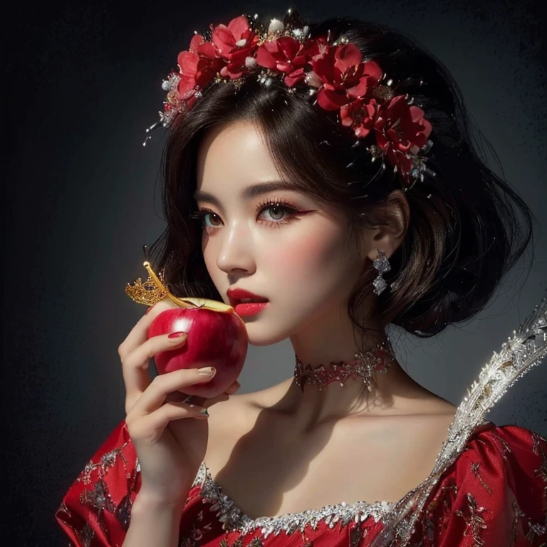 Hay una mujer sosteniendo una manzana y una corona de flores., portrait of Blanco como la nieve, obra de arte al estilo de guweiz, pale Blanco como la nieve skin, en el estilo artístico de bowater, loish y wlop, hermosa obra de arte digital, hermosa pintura de personajes, Blanco como la nieve, inspirado en WLOP, 4k de alta definición. Blanco como la nieve hair, pintura realista linda chica, Lalisa Manoban de Blackpink,(beautiful makeup :1.2), Wide hips, big, big ass, (best quality, 8K, masterpiece: 1.3), Clear focus: 1.2, Perfect body beauty: 1.4, strong abs, Very detailed face and skin texture. , detailed eyes, double eyelids, (long hair), having very marked curves, with greater volume in ((hips and breasts)), which makes the waist look much smaller ((wasp waist)).