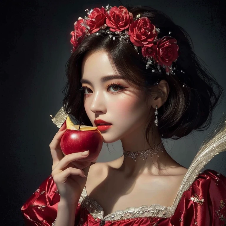 Hay una mujer sosteniendo una manzana y una corona de flores., portrait of Blanco como la nieve, obra de arte al estilo de guweiz, pale Blanco como la nieve skin, en el estilo artístico de bowater, loish y wlop, hermosa obra de arte digital, hermosa pintura de personajes, Blanco como la nieve, inspirado en WLOP, 4k de alta definición. Blanco como la nieve hair, pintura realista linda chica, Lalisa Manoban de Blackpink,(beautiful makeup :1.2), Wide hips, big, big ass, (best quality, 8K, masterpiece: 1.3), Clear focus: 1.2, Perfect body beauty: 1.4, strong abs, Very detailed face and skin texture. , detailed eyes, double eyelids, (long hair), having very marked curves, with greater volume in ((hips and breasts)), which makes the waist look much smaller ((wasp waist)).