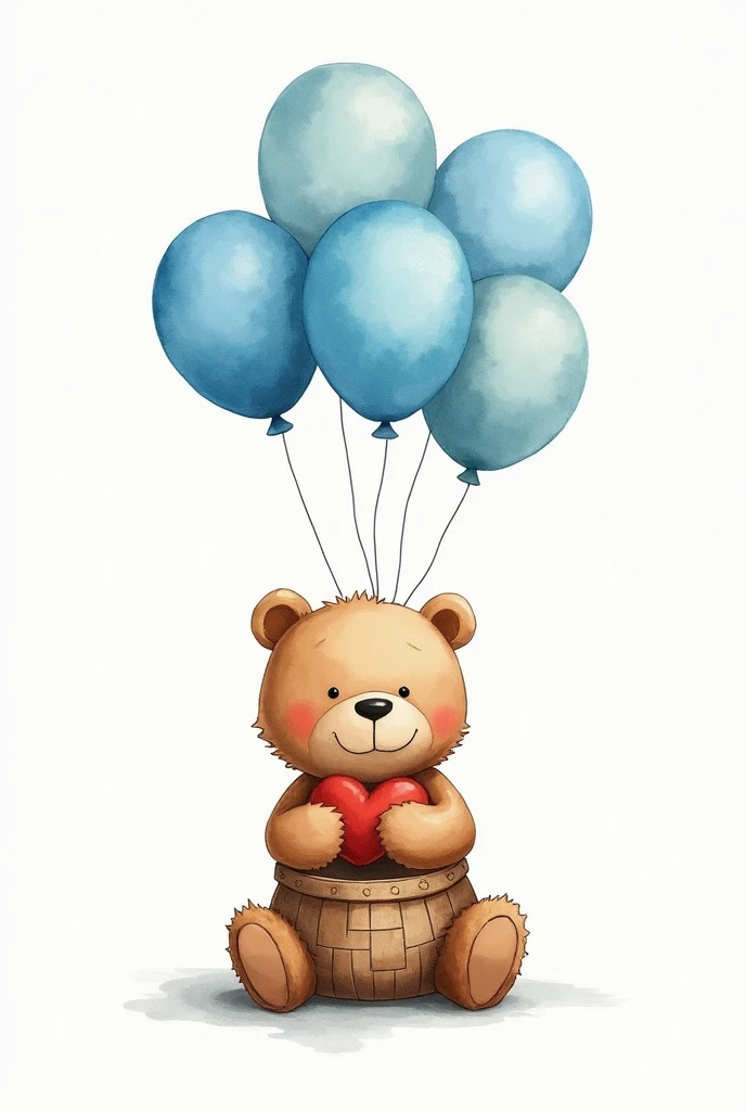 bear, basket with balloons, watercolor drawing, light blue balloons
