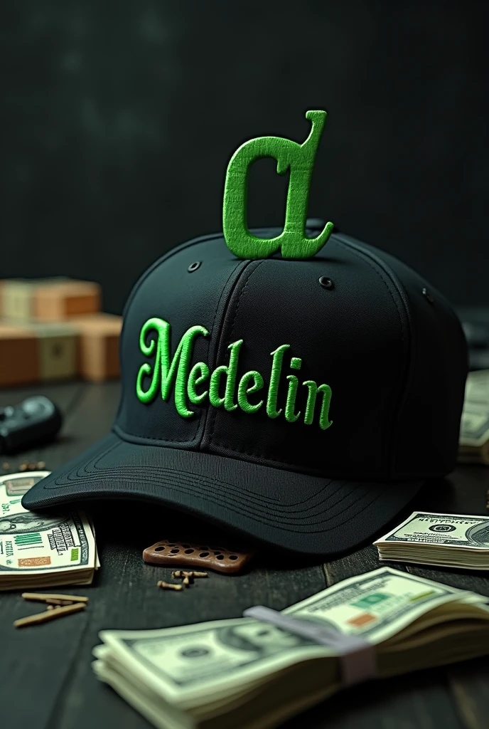 A black cap with a special embroidery with the word Medellín in green and on top another with 2 letters c and bales of bills and weapons