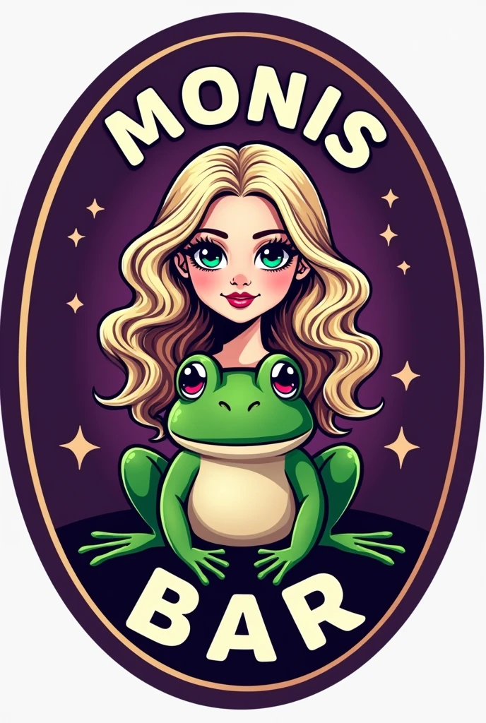 logo for a bar in a circle , what say (MONIS BAR) purple with a frog and a blonde doll