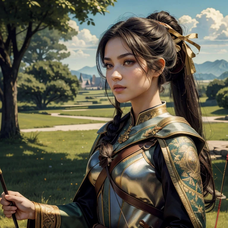 (masterpiece, best quality:1.5), highest quality, High resolution, super detailed, Realists, Upper body photo of a black-haired archer, detailed and beautiful eyes, beautiful detailed lips, very detailed eyes and face, longeyelashes, Archer in battle dress, Elegant details in the fabric. Beautiful and colorful makeup, ponytail hairstyle, Gardens as background, bright daylight, bright colors, fine brushstrokes, Portrait style, beautiful color palette, glowing skin, First-class rendering, that captures every detail, enchanting atmosphere, (perfect anatomy:1.2), (The stunning archer holds a bow. (magnificent panorama view:1.2)