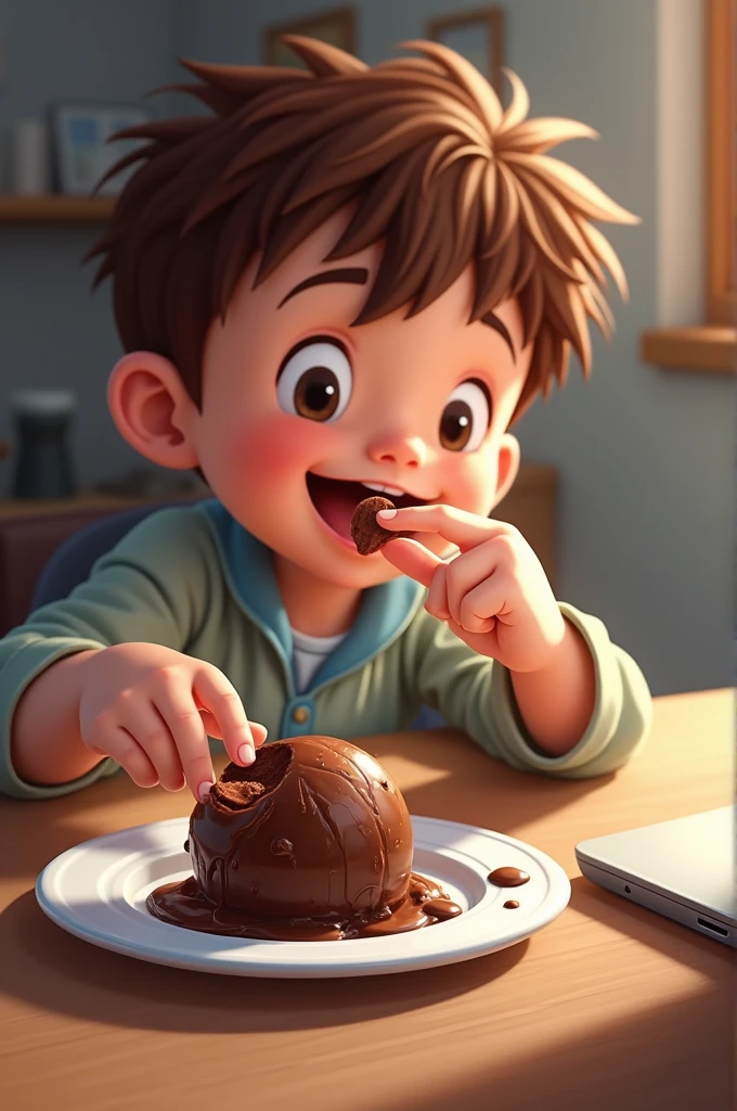 (photorealism:1.2),Boy eating chocolate bar, background in a school