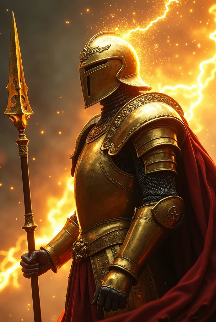 ((Best Quality)), ((masterpiece)), (detailed), knight in golden armor, spear infused with the power of lightning