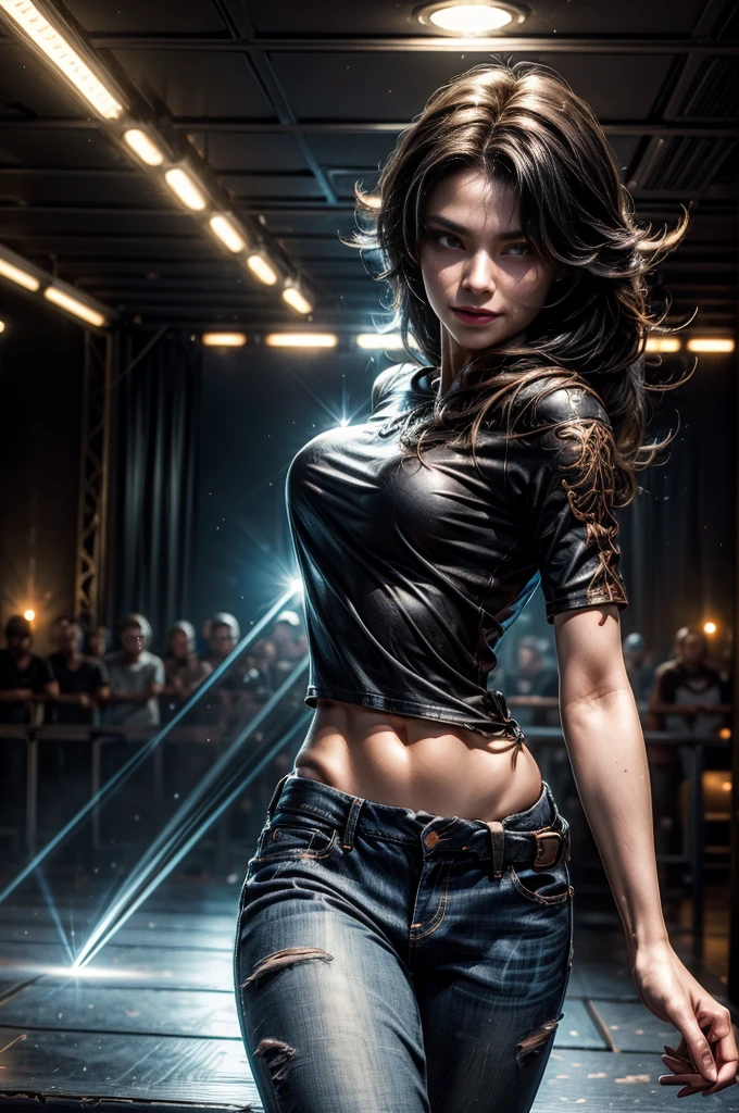 (masterpiece, best quality:1.2), cowboy shot, solo, 1girl, cinder fall, evil smile, looking at viewer, long hair, t-shirt, jeans, future_urban, in dance club, crowd, (volumetric lighting), sharp focus, hyper detailed