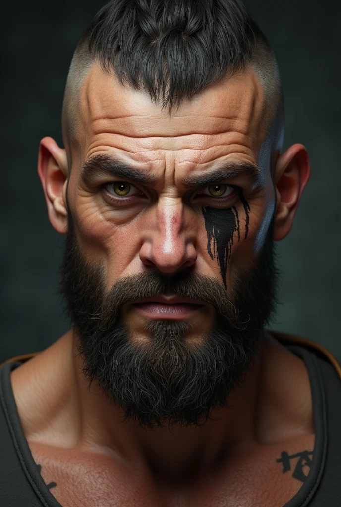 Realistically a man with black hair with a low fade cut, sober and deep look, dark circles under his eyes, slightly reddish brown eyes, reasonably defined jaw, vertical cut scar over right eye, full beard but short and somewhat poorly done, remarkable and defined musculature.