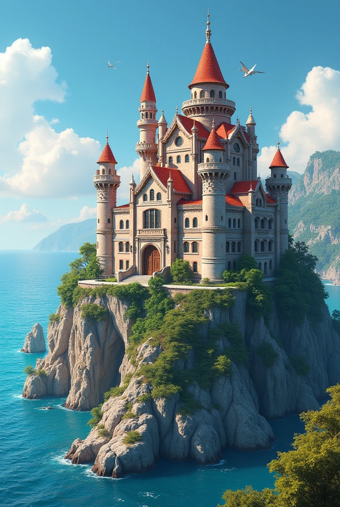 Big and gigantic castles , the biggest castle in the land. Bright colors, summer cube, Turkish heritage, on top of a small hill, the castle being so gigantic take the whole place of the hill making it a magnificent view, next to the sea, ethereal view, yet very secure castle, Turkish vibes, 