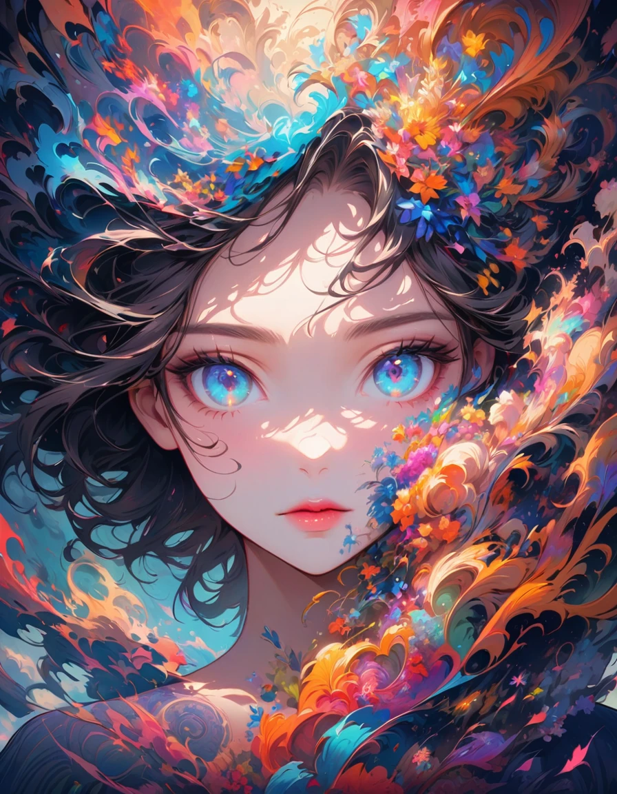 detailed textures, high quality, high resolution, high precision, realism, color correction, correct lighting settings, harmonious composition. Anime artwork depicting a girl's face within a vivid and abstract collage of colors and patterns. The composition includes a variety of shapes, lines, and textures, all in bright and contrasting colors, creating a surreal and energetic atmosphere that draws the viewer in. --ar 3:4 --stylize 600 --niji 6