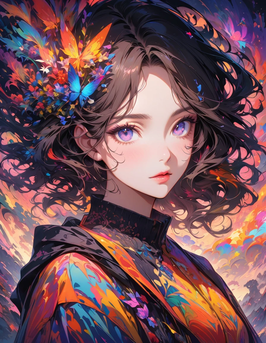 detailed textures, high quality, high resolution, high precision, realism, color correction, correct lighting settings, harmonious composition. Anime artwork depicting a girl's face within a vivid and abstract collage of colors and patterns. The composition includes a variety of shapes, lines, and textures, all in bright and contrasting colors, creating a surreal and energetic atmosphere that draws the viewer in. --ar 3:4 --stylize 600 --niji 6