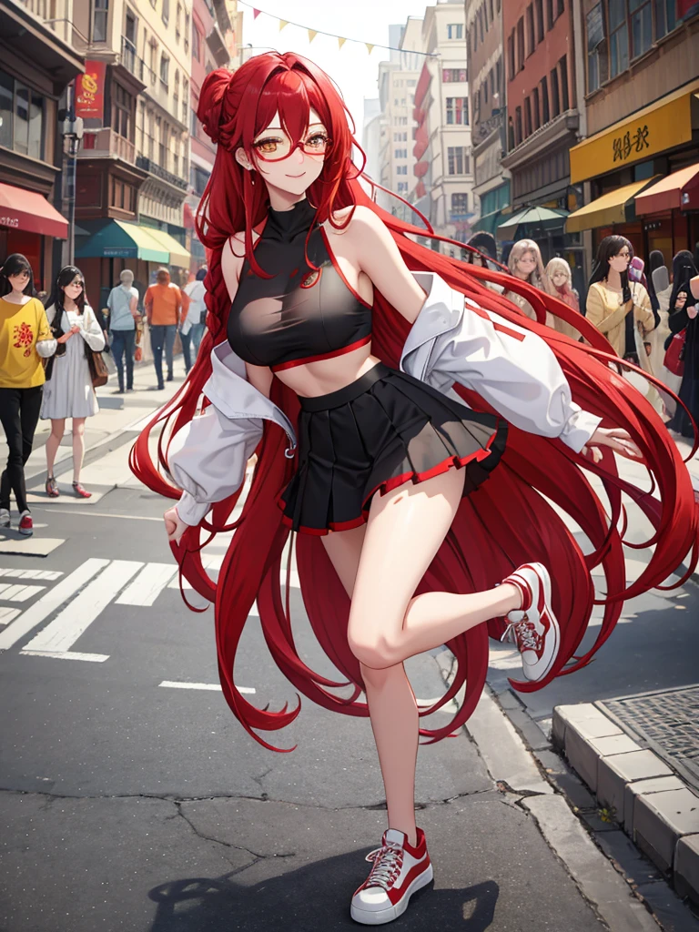  red long hair, Yellow Eyes, anger ,Face mark,Big Breasts,smile , Lips parted, Happy, mini skirt, bra, White sneakers, Skirt Hold, street, Best picture quality, 8K, tmasterpiece:1.3)), Beautiful woman with slender abs:1.3, (Casual hairstyle :1.2), casual dresses:1.1, Ultra-fine face,A detailed eye, double eyeli，fashoin cloths, and its fullness, hyper HD, Masterpiece, High details, High quality, Very detailed, Clean skin, full body, Slender, Very cute, cool eyes , Braided hair, Erotic lingerie, Embarrassed, Blushing, smilling, glasses