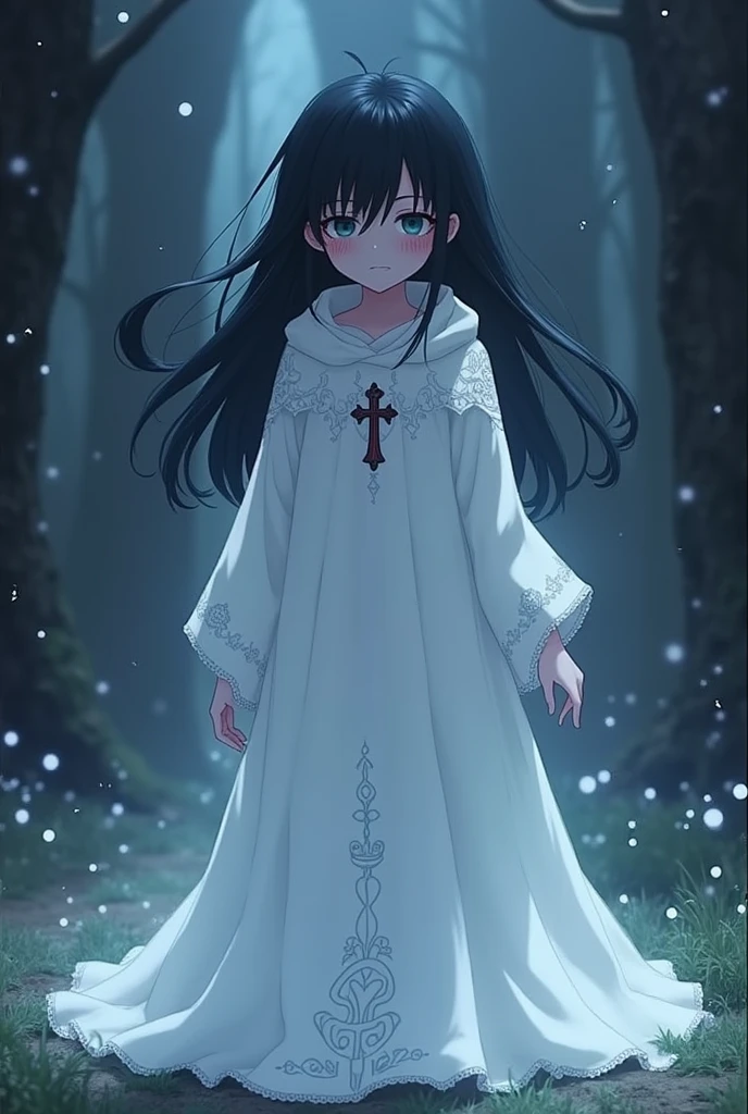 character that acts like a ghost has a white robe with a cross and many satanic things is scary and tender is called nebula and is cute has black hair and tender that is not realistic 