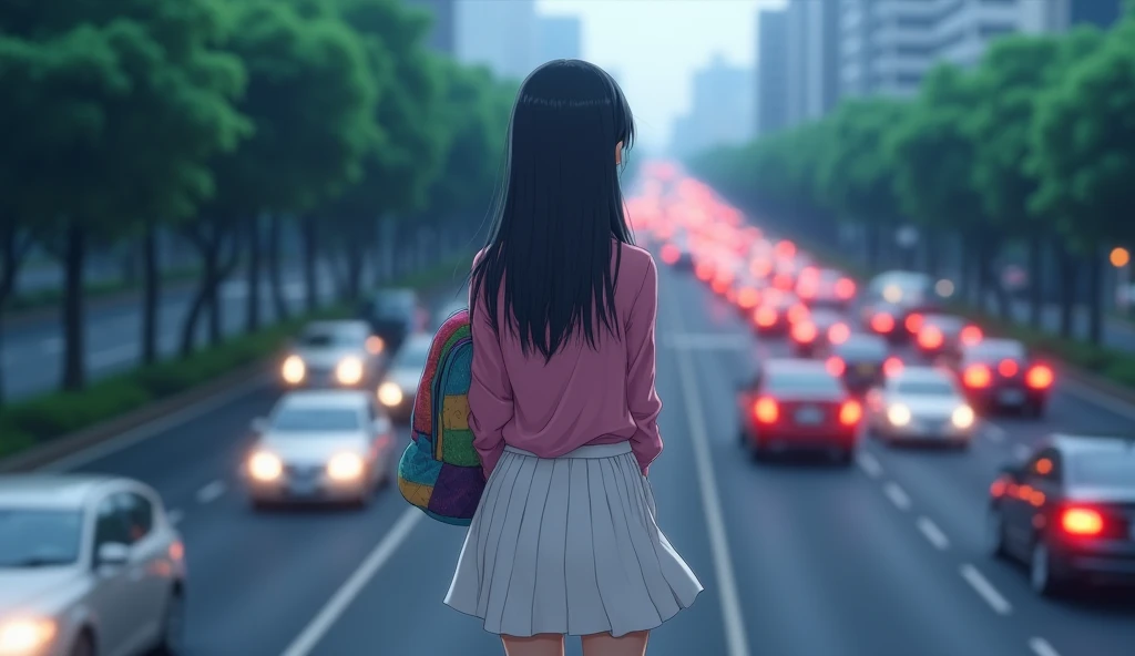 A young woman with long dark hair, wearing a pink blouse and a white skirt, with a colorful backpack, walks slowly along a busy street, The cars on the highway are a blur of moving lights, The trees and buildings in the background are slightly out of focus, creating a dreamy anime style atmosphere makoto shinkai studio