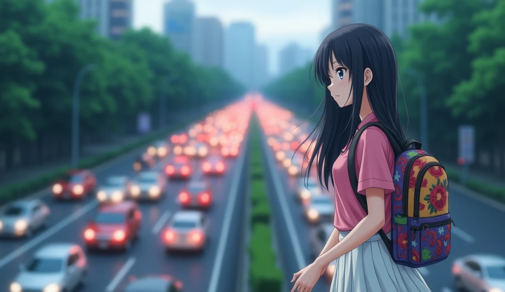 A young woman with long dark hair, wearing a pink blouse and a white skirt, with a colorful backpack, walks slowly along a busy street, The cars on the highway are a blur of moving lights, The trees and buildings in the background are slightly out of focus, creating a dreamy anime style atmosphere makoto shinkai studio