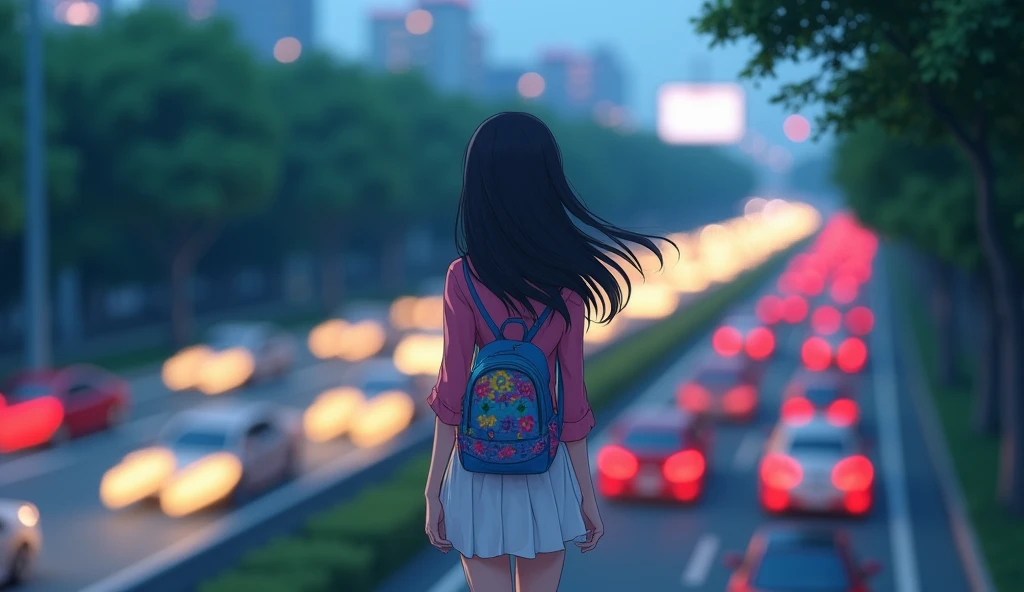 A young woman with long dark hair, wearing a pink blouse and a white skirt, with a colorful backpack, walks slowly along a busy street, The cars on the highway are a blur of moving lights, The trees and buildings in the background are slightly out of focus, creating a dreamy anime style atmosphere makoto shinkai studio