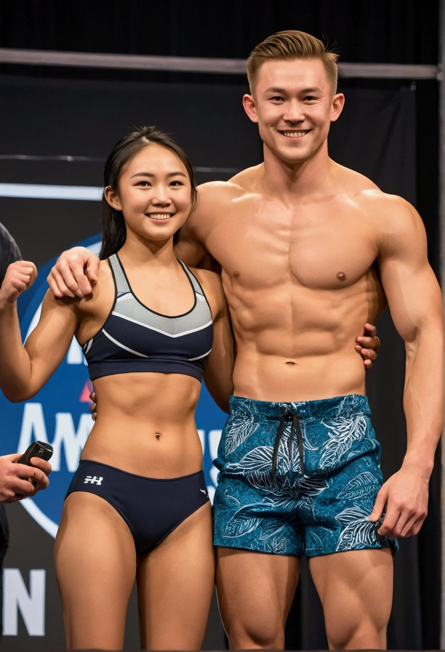  beautiful athletic slim 25 year old asian female beach wrestler wearing sports bras and shorts and skinny shirtless 20 year old caucasian man on stage at weigh in before match. Posing for photo, arms around each other. Smiling. Media nearby