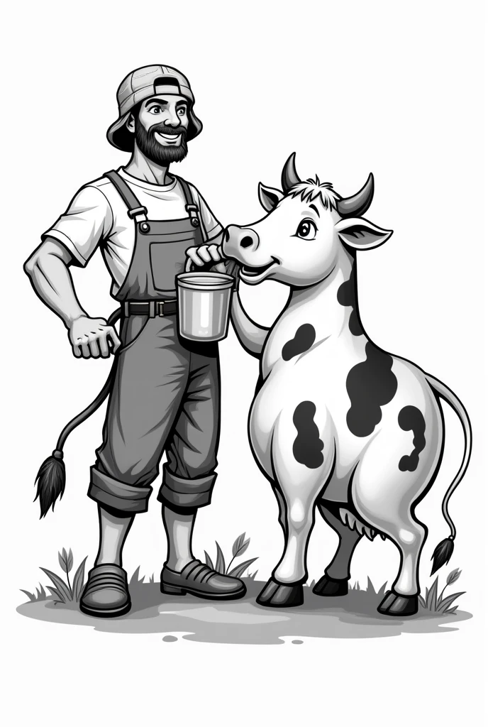 png image of a cow and a farmer milking it, in the style of black and white cordel