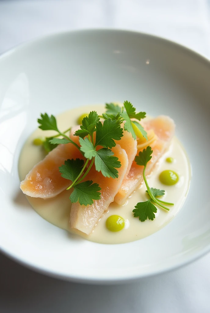 deconstruction of ceviche with blonde sea bass, lime spherifications, Tiger&#39;s milk and cilantro 