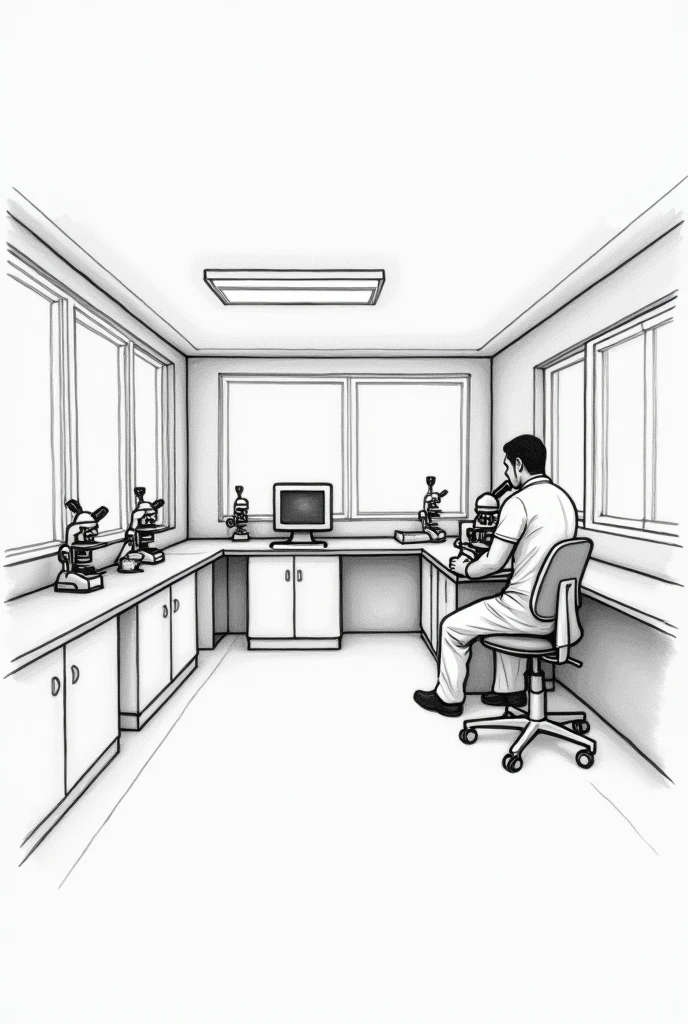 Pencil drawing of a plan of a level 2 veterinary laboratory,
waiting room room equipped with microscopes, a person working with a microscope
