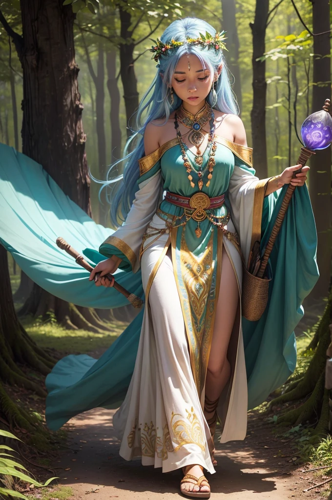 (((Goddess Jurema UHD ))) presents itself with vibrant clothing rich in symbolism: a long, flowing dress made from natural fabrics, adorned with patterns representing the flora and fauna of the forest. The predominant colors are green, bright blue and gold, that reflect your connection to the earth and the sun. their hair, long and loose, are decorated with wild flowers and feathers from local birds. At your feet, sandals made of vines and leaves, that look almost like part of the earth itself 18K.

She carries a ritualistic staff, carved from ancient tree wood, with carvings representing forest spirits and symbols of protection. This stick is not just an accessory, but a powerful magical instrument she uses in her UHD practices Her working tools include a small clay cauldron, where he mixes herbs and roots to create potions and remedies. Furthermore, Jurema has a leather bag containing enchanted stones, that uses to invoke and direct spiritual energies 18K Magic and Powers:

Earth Prayer: Jurema recites ancient incantations that make the earth reverberate in harmony, restoring natural balance and healing areas affected by imbalances or damage.

Vision of the Past: Using your staff, Jurema can visualize past events to better understand the origin of problems or mysteries, helping to bring to light hidden secrets 18K Flame of Purification: She lights a ritualistic fire that purifies and transforms negative energies into positive ones., promoting healing and spiritual renewal UHD Communion with the Spirits: Jurema summons protective spirits of the forest for advice and assistance, establishing deep communication with the spiritual world UHD 18K