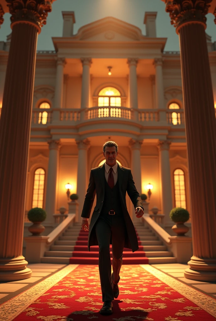 A guy storming out of a fancy house , pixar style, 3d , high-aesthetic, cinematic, masterpiece
