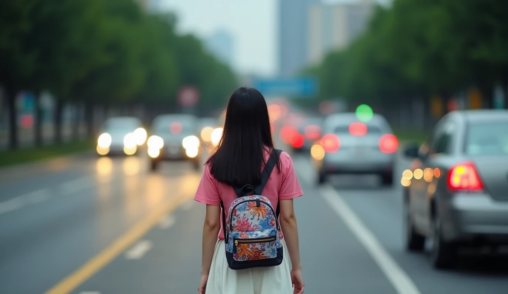 A young woman with long dark hair, wearing a pink blouse and a white skirt, with a colorful backpack, walks slowly along a busy street, The cars on the highway are a blur of moving lights, The trees and buildings in the background are slightly out of focus, creating a dream atmosphere