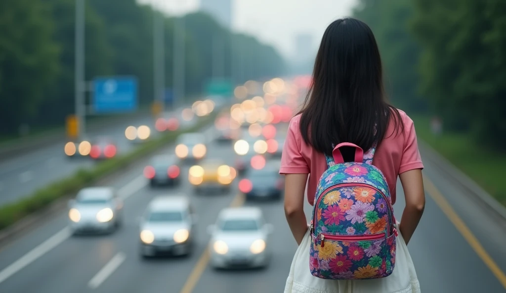 A young woman with long dark hair, wearing a pink blouse and a white skirt, with a colorful backpack, walks slowly along a busy street, The cars on the highway are a blur of moving lights, The trees and buildings in the background are slightly out of focus, creating a dream atmosphere