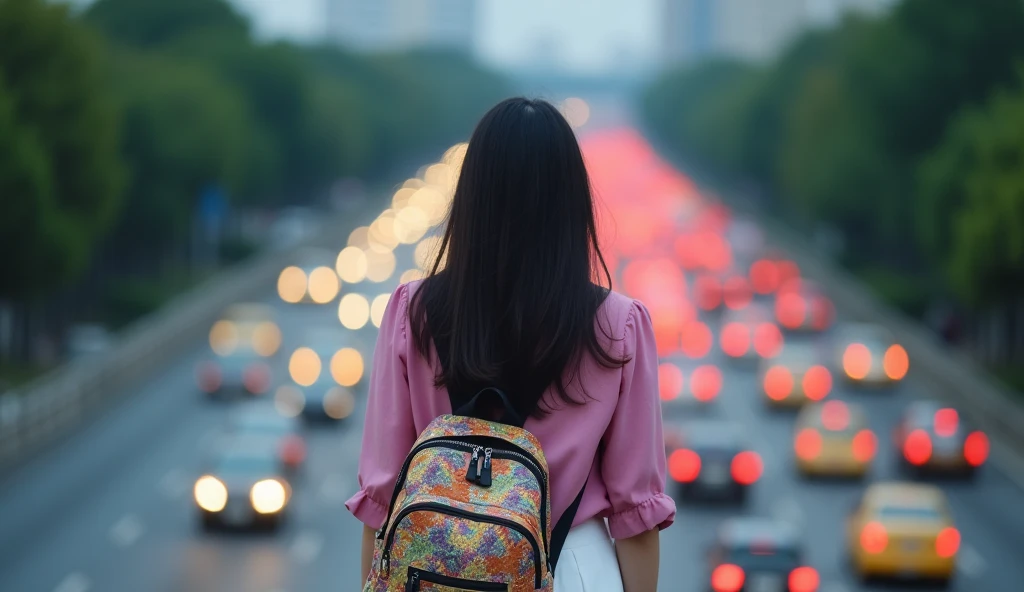 A young woman with long dark hair, wearing a pink blouse and a white skirt, with a colorful backpack, walks slowly along a busy street, The cars on the highway are a blur of moving lights, The trees and buildings in the background are slightly out of focus, creating a dream atmosphere