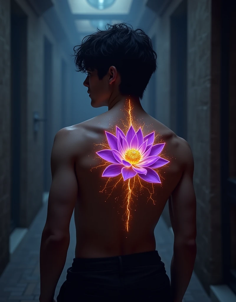 a lean male teen with black hair, glowing golden purple lotus tattoo on back, dramatic lighting, dark moody atmosphere, photorealistic, highly detailed, cinematic, fantasy, intricate details, dramatic pose, dynamic composition, chiaroscuro lighting, vivid colors, epic, breathtaking, masterpiece, 8k, best quality