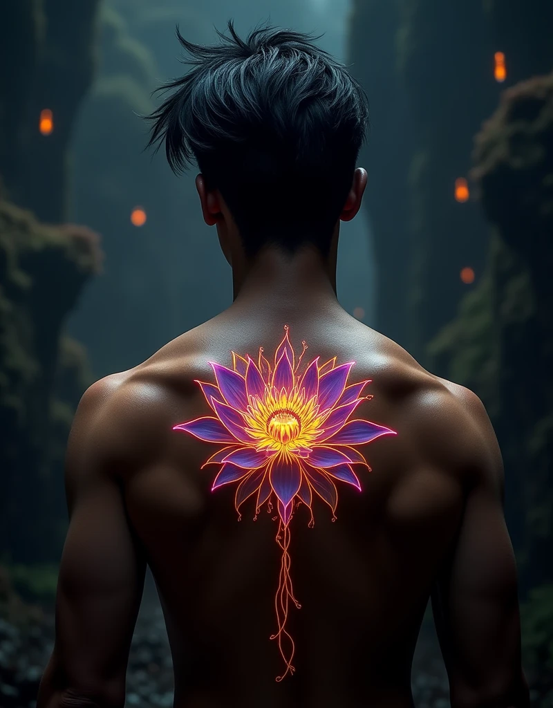 a lean male teen with black hair, glowing golden purple lotus tattoo on back, dramatic lighting, dark moody atmosphere, photorealistic, highly detailed, cinematic, fantasy, intricate details, dramatic pose, dynamic composition, chiaroscuro lighting, vivid colors, epic, breathtaking, masterpiece, 8k, best quality