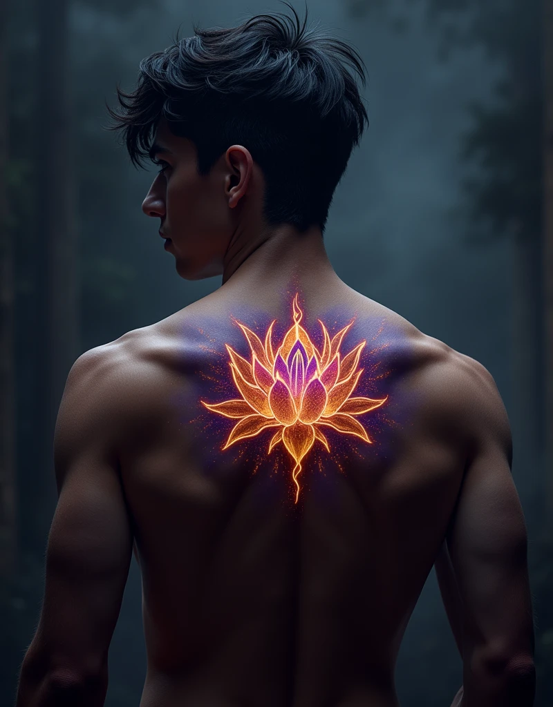 a lean male  with black hair, glowing golden purple lotus tattoo on back, dramatic lighting, dark moody atmosphere, photorealistic, highly detailed, cinematic, fantasy, intricate details, dramatic pose, dynamic composition, chiaroscuro lighting, vivid colors, epic, breathtaking, masterpiece, 8k, best quality